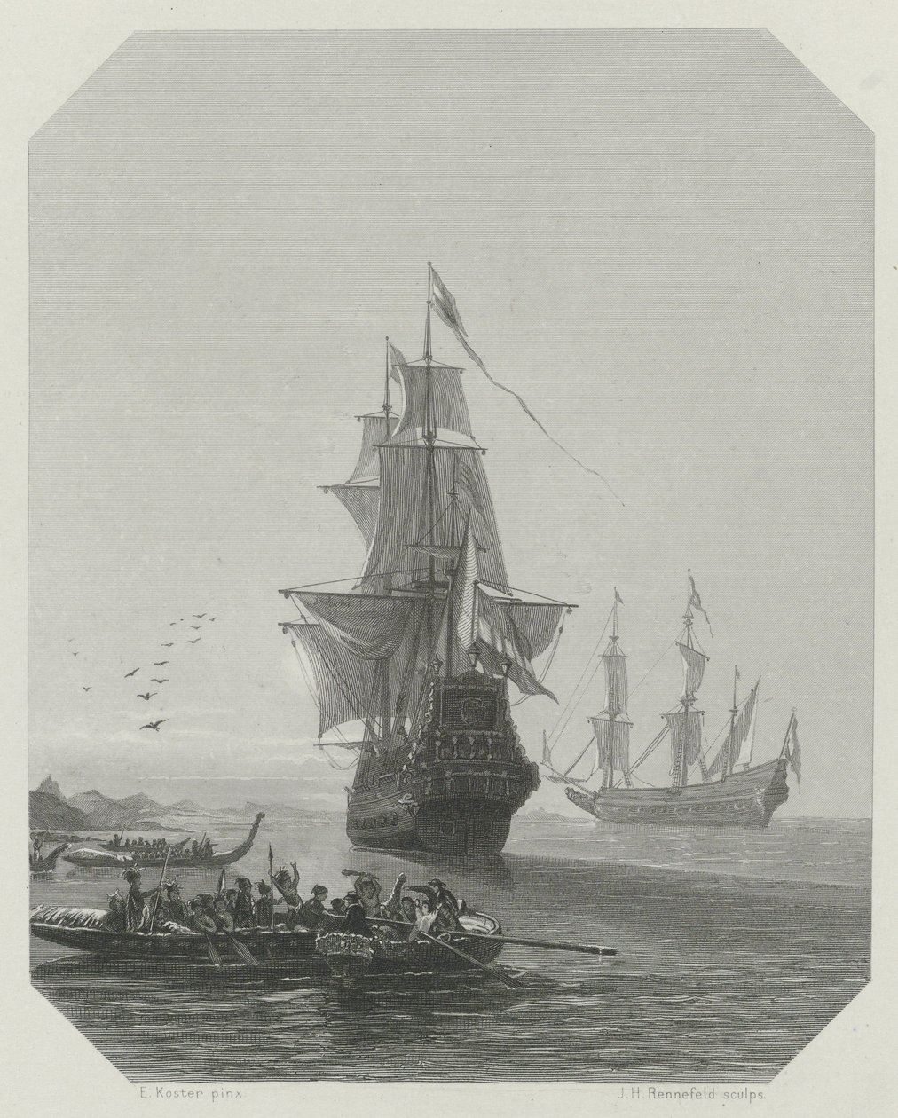 Chegada de Abel Tasman na Nova Zelândia, 1642-1643, ca 1865 de Johannes Heinrich Maria Hubert Rennefeld
