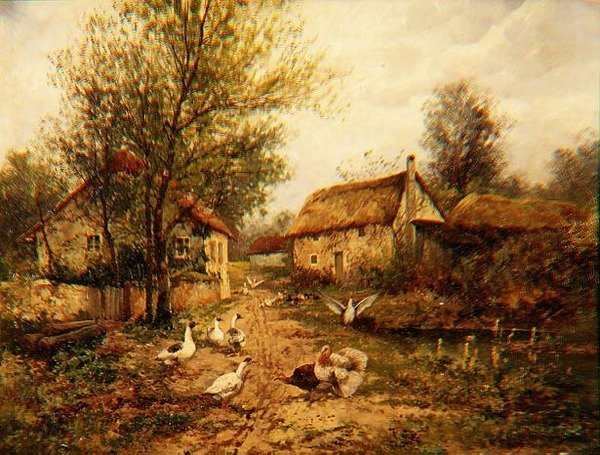 Aves de capoeira junto a um lago no pátio de uma fazenda de Johannes Hendrik Weissenbruch