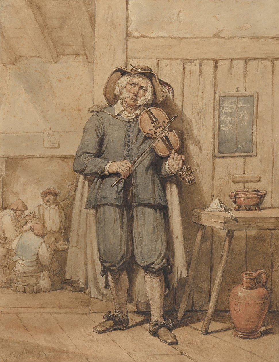 Um violinista numa Taberna, com Três Homens ao Fundo, em meados do século XIX. de Johannes Hendrik van West