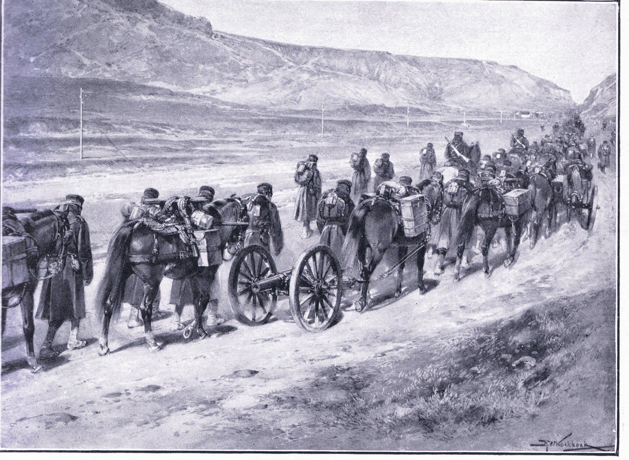Uma bateria de armas de campo a caminho de Ichon, ilustração deCassells História da Guerra Russo-Japonesa Vol 1, c.1900 de Johannes Hermann Barend Koekkoek