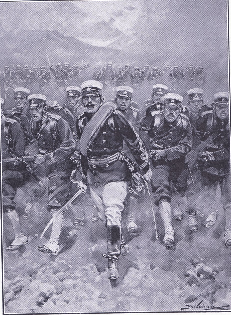 Uma carga da infantaria japonesa, ilustração deCassells História da Guerra Russo-Japonesa Vol 1, c.1900 de Johannes Hermann Barend Koekkoek