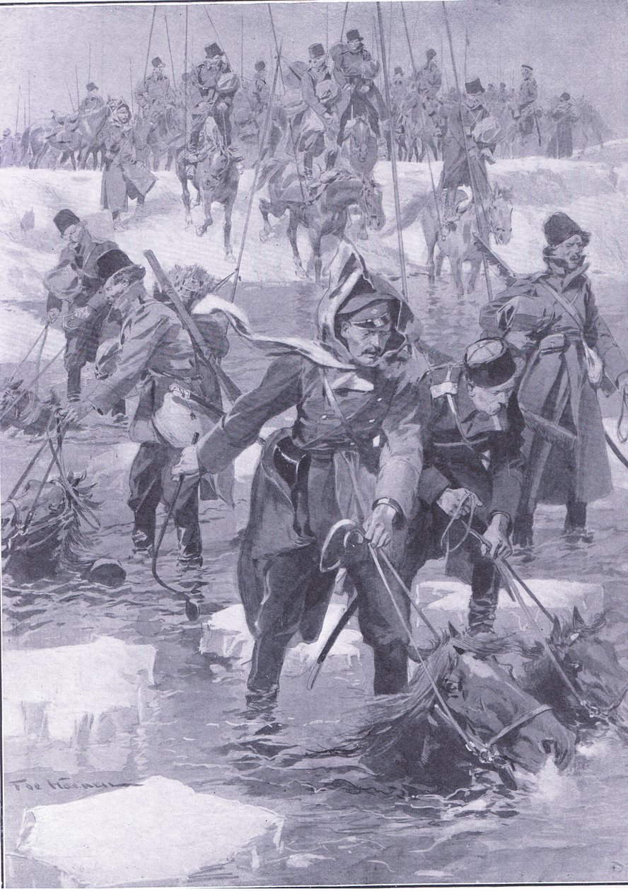Uma façanha de equitação. Cavalaria russa atravessando um rio, ilustração fromCassells História da guerra russo-japonesa Vol 1, c.1900 de Johannes Hermann Barend Koekkoek