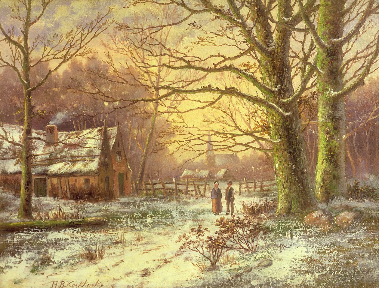 Figuras em um caminho antes de uma aldeia no inverno de Johannes Hermann Barend Koekkoek
