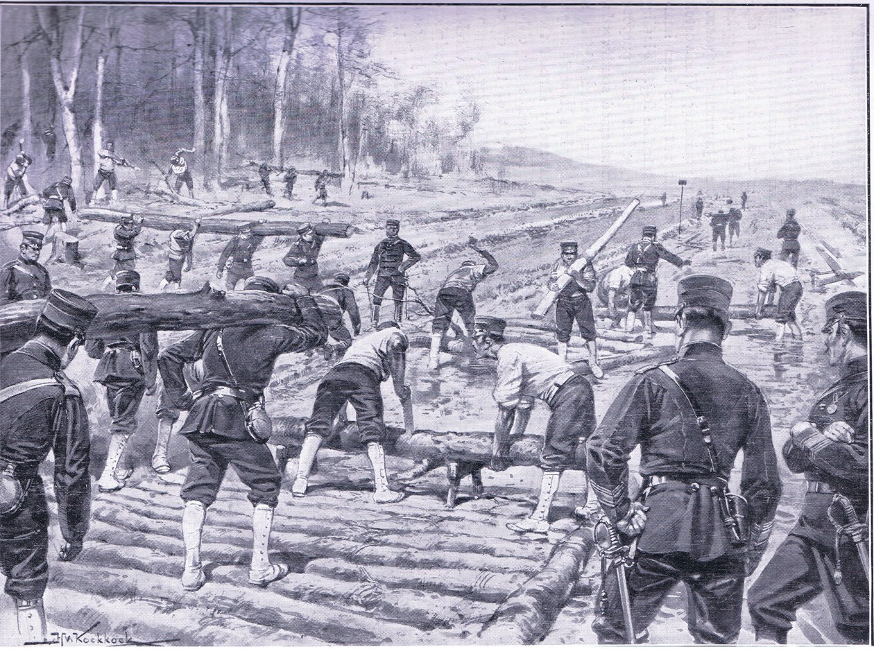 Engenheiros japoneses construindo uma estrada de madeira para as tropas, ilustração fromCassells História da Guerra Russo-Japonesa Vol 1, c.1900 de Johannes Hermann Barend Koekkoek