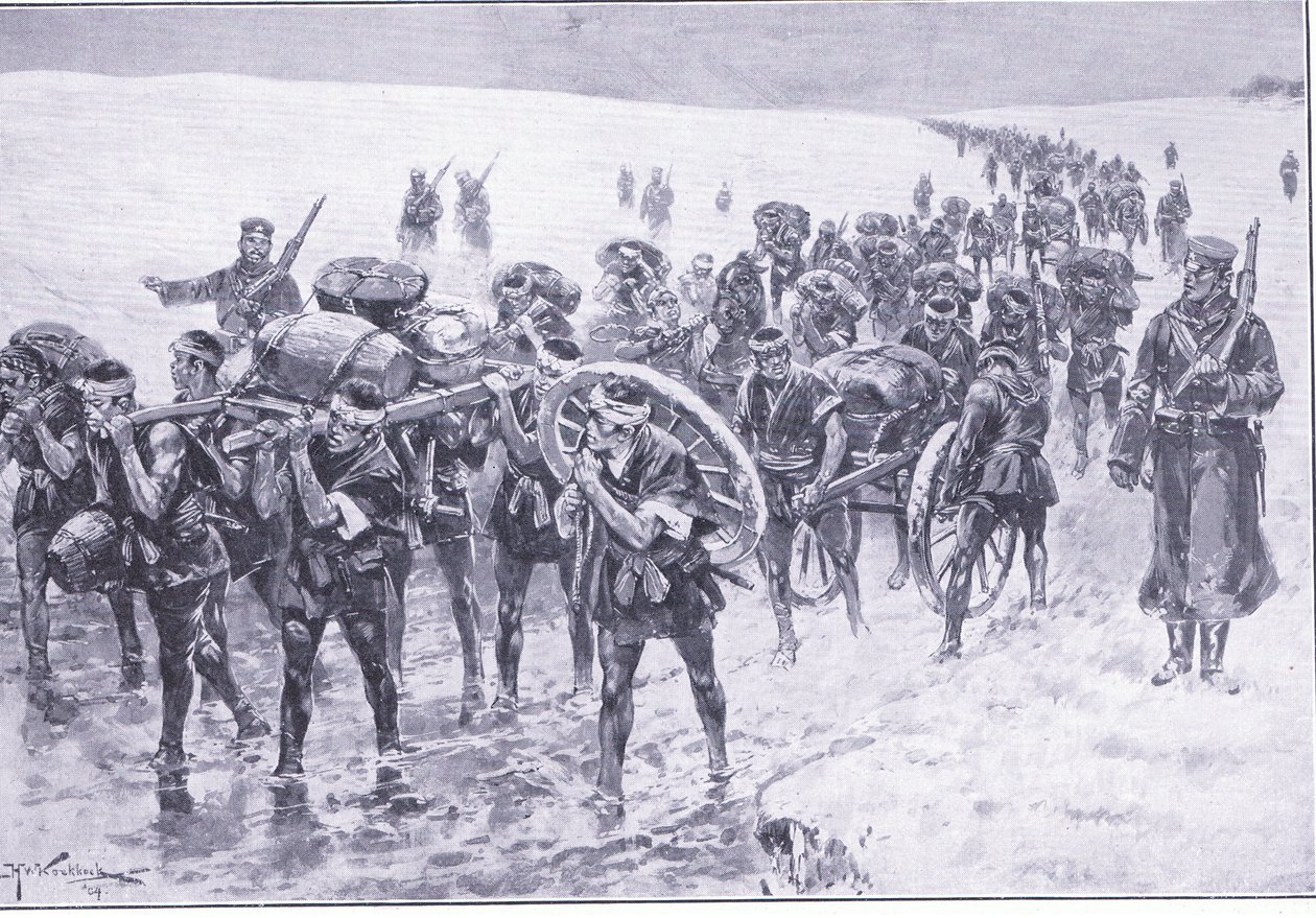 Japonês em marcha. Homens no lugar de pôneis de pacote, ilustração fromCassells História da Guerra Russo-Japonesa Vol 1, c.1900 de Johannes Hermann Barend Koekkoek