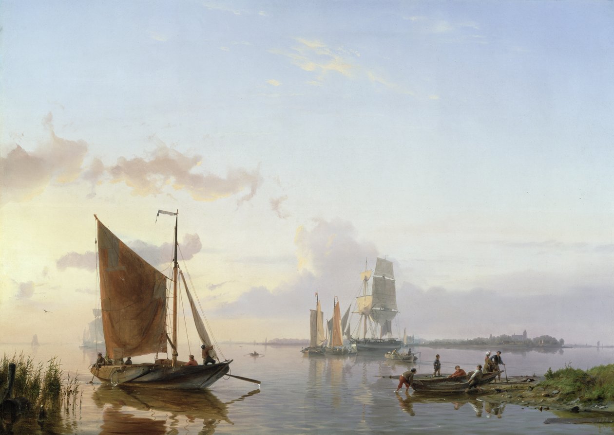 Embarcações à vela em um estuário de 1853 de Johannes Hermann Barend Koekkoek