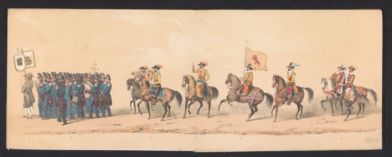 Concurso histórico dos alunos da Escola Secundária de Groningen, 1850 (placa 1)
Representação fantasiada da entrada de Maurice, Príncipe de Orange, Conde de Nassau, etc. e Willem Lodewijk, Conde de Nassau, em Groningen, no ano 1594, por H.H. de Johannes Hermanus van de Weijer