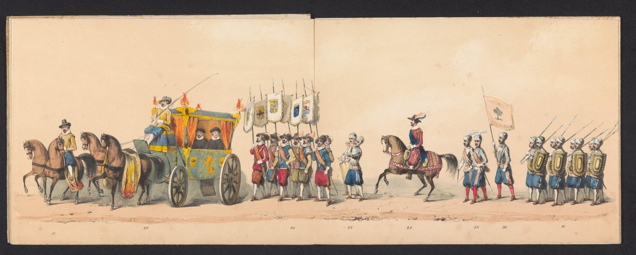 Procissão histórica por estudantes da Universidade de Ciências Aplicadas de Groningen, 1850 (placa 4) Representação fantasiada da entrada de Maurits, Príncipe de Orange, Conde de Nassau, etc. e Willem Lodewijk, Conde de Nassau, dentro de Groningen no ano d de Johannes Hermanus van de Weijer