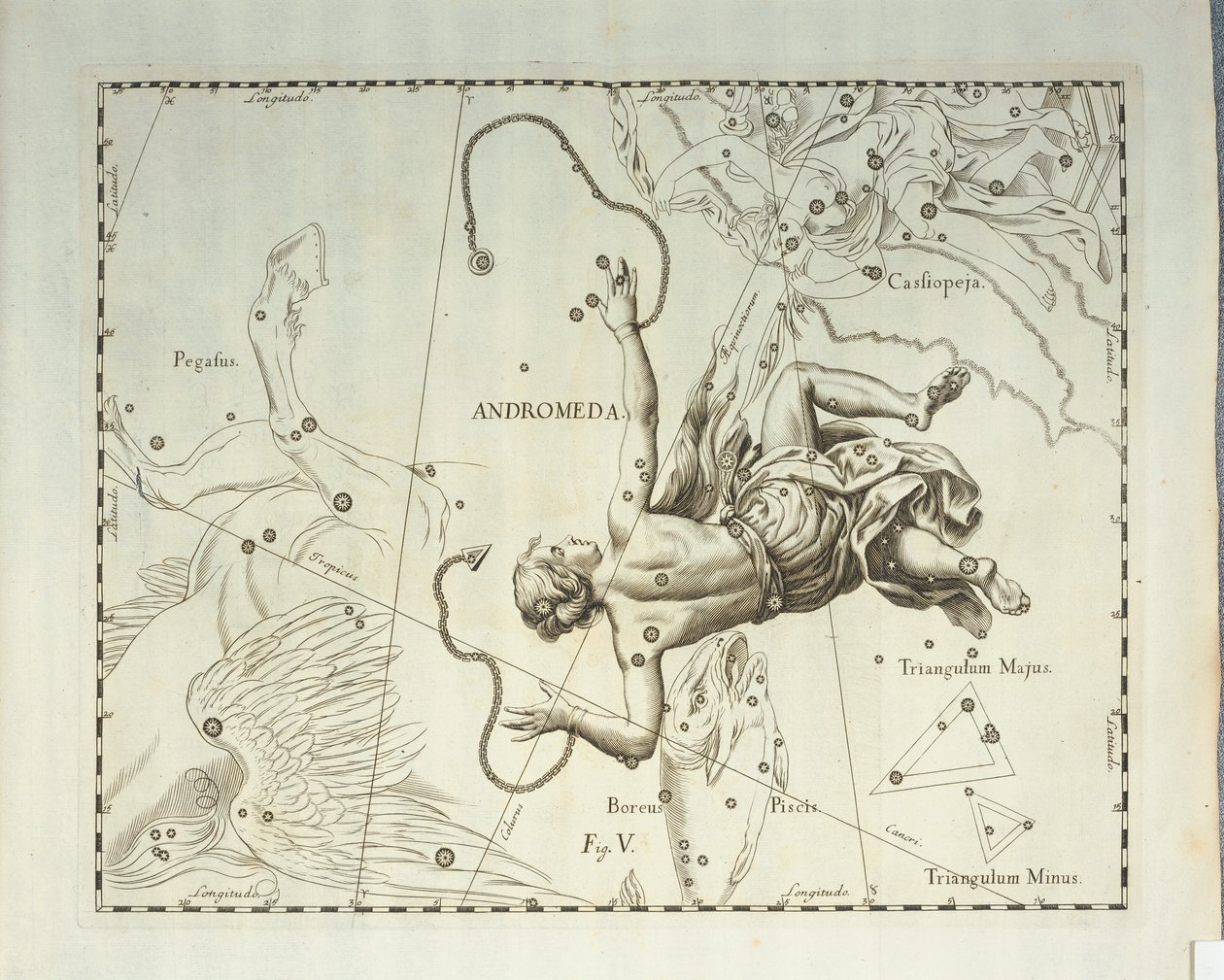 Constelação boreal de Andrómeda, gravura de atlas celeste Firmamentum Sobiescianum sive Uronographia, de Johann Hevelius (1611-1687), Gdansk de Johannes Hevelius