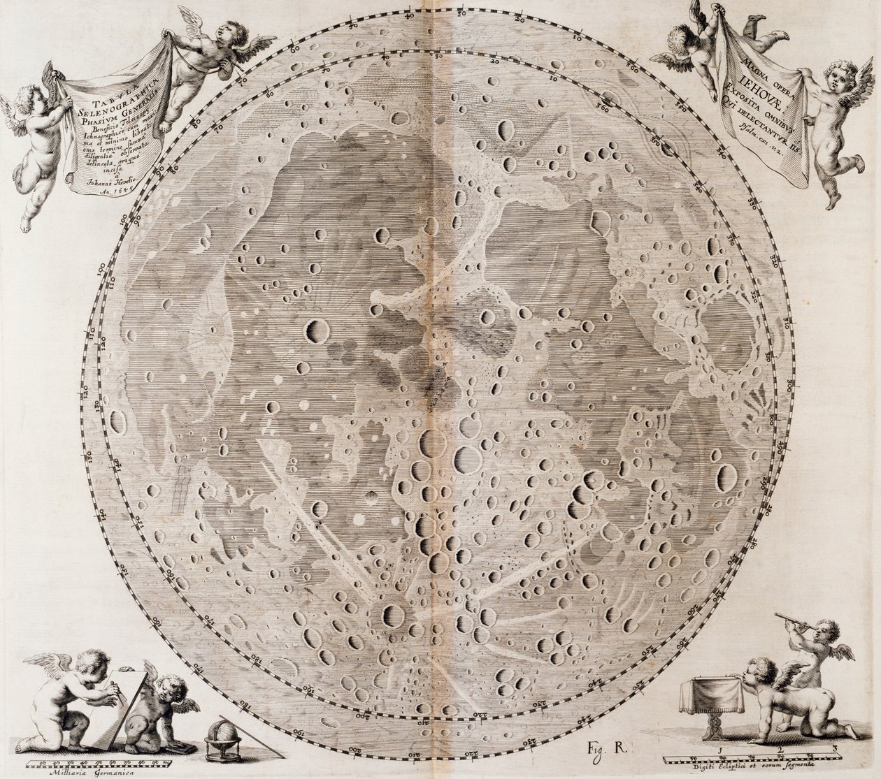 Primeiro mapa detalhado da Lua desenhado em 1647 por Johann Hevelius, impressão tirada do atlas celestial de Johann Hevelius (1611-1687) Selenographia sive Lunae descriptio, Gdansk de Johannes Hevelius