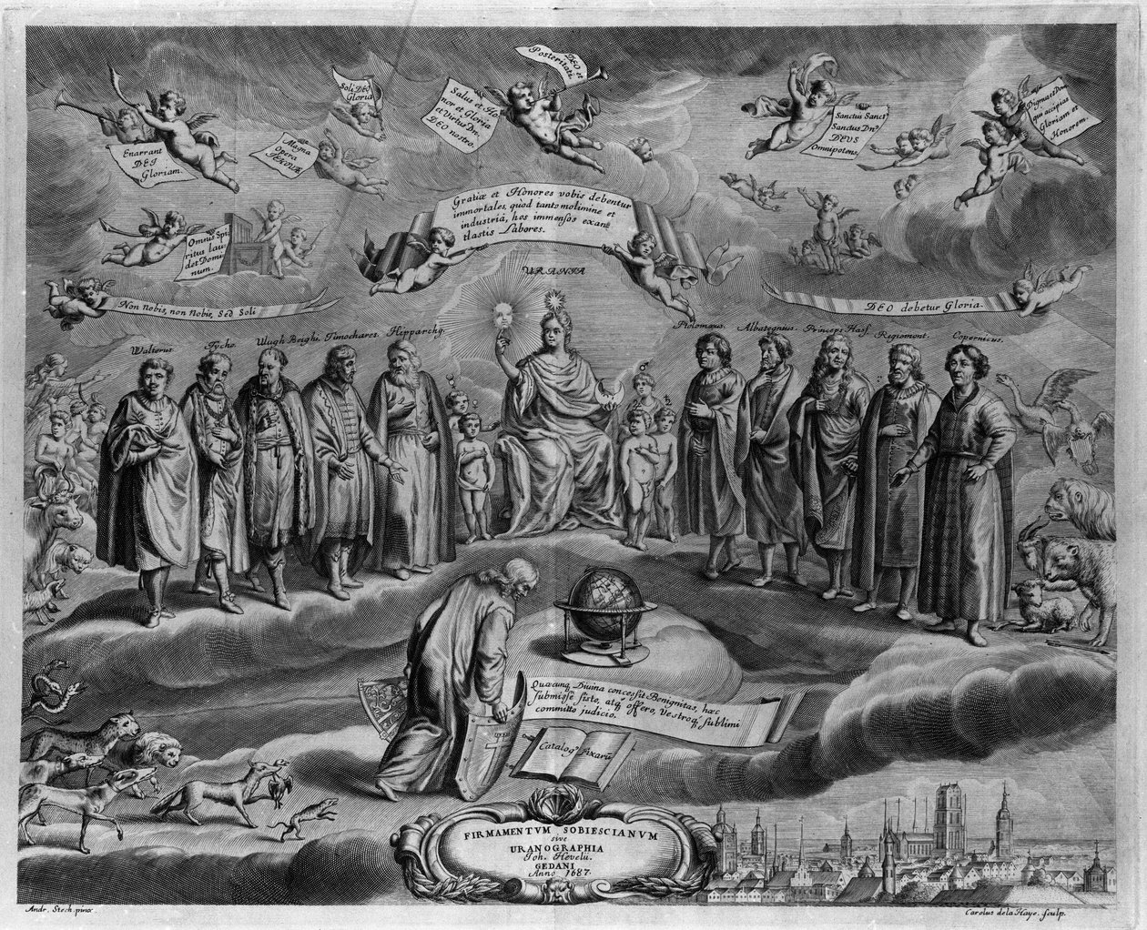 Os famosos astrónomos. Entre eles, da esquerda para a direita: Walterus (?) , Tycho Brahe (Tyge Ottesen Brahe), conhecido como Le noble Danish ou L