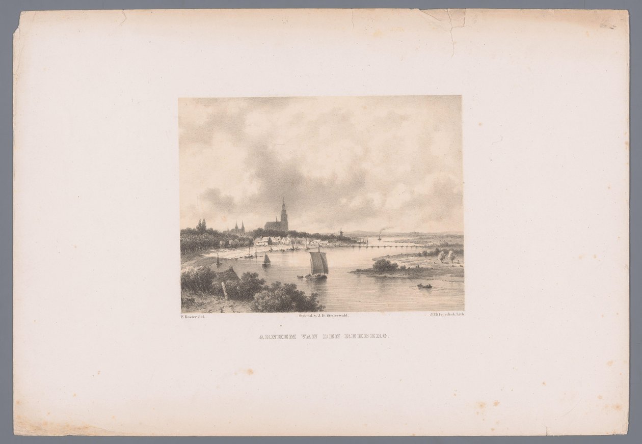 Vista de Arnhem do Rehberg Arnhem van den Rehberg (título no objeto) Vistas holandesas da cidade e do porto após desenhos de Everhardus Koster (título da série) Caderno de esboços de E. Koster: Dutch City and Harbor Views (título da série) de Johannes Hilverdink