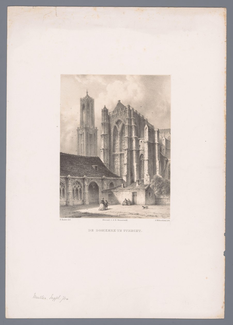 Vista da Igreja Dom e Torre Dom em Utrecht A Igreja Dom em Utrecht (título no objeto) Vistas holandesas da cidade e do porto após desenhos de Everhardus Koster (título da série) Caderno de esboços de E. Koster: Dutch City and Harbor Views (título da série) de Johannes Hilverdink