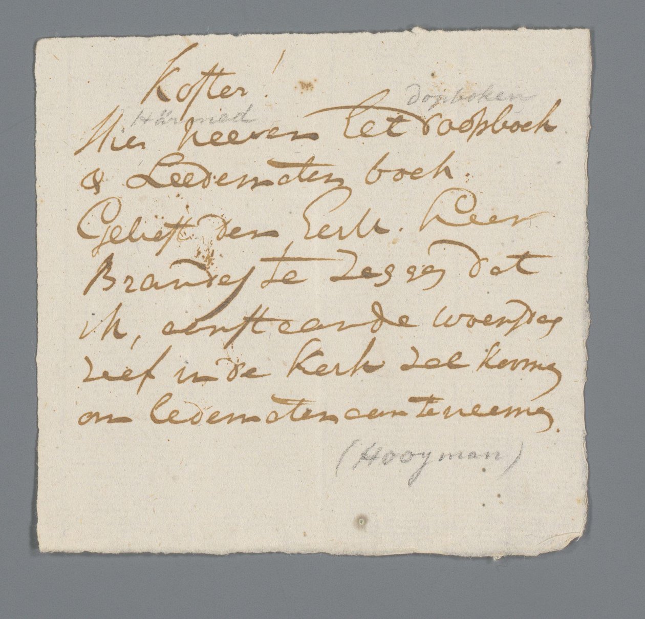 Carta do Rev Hooyman ao sexton de Johannes Hooyman