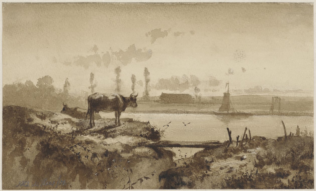Paisagem do rio com vaca de Johannes Hubertus Leonardus de Haas