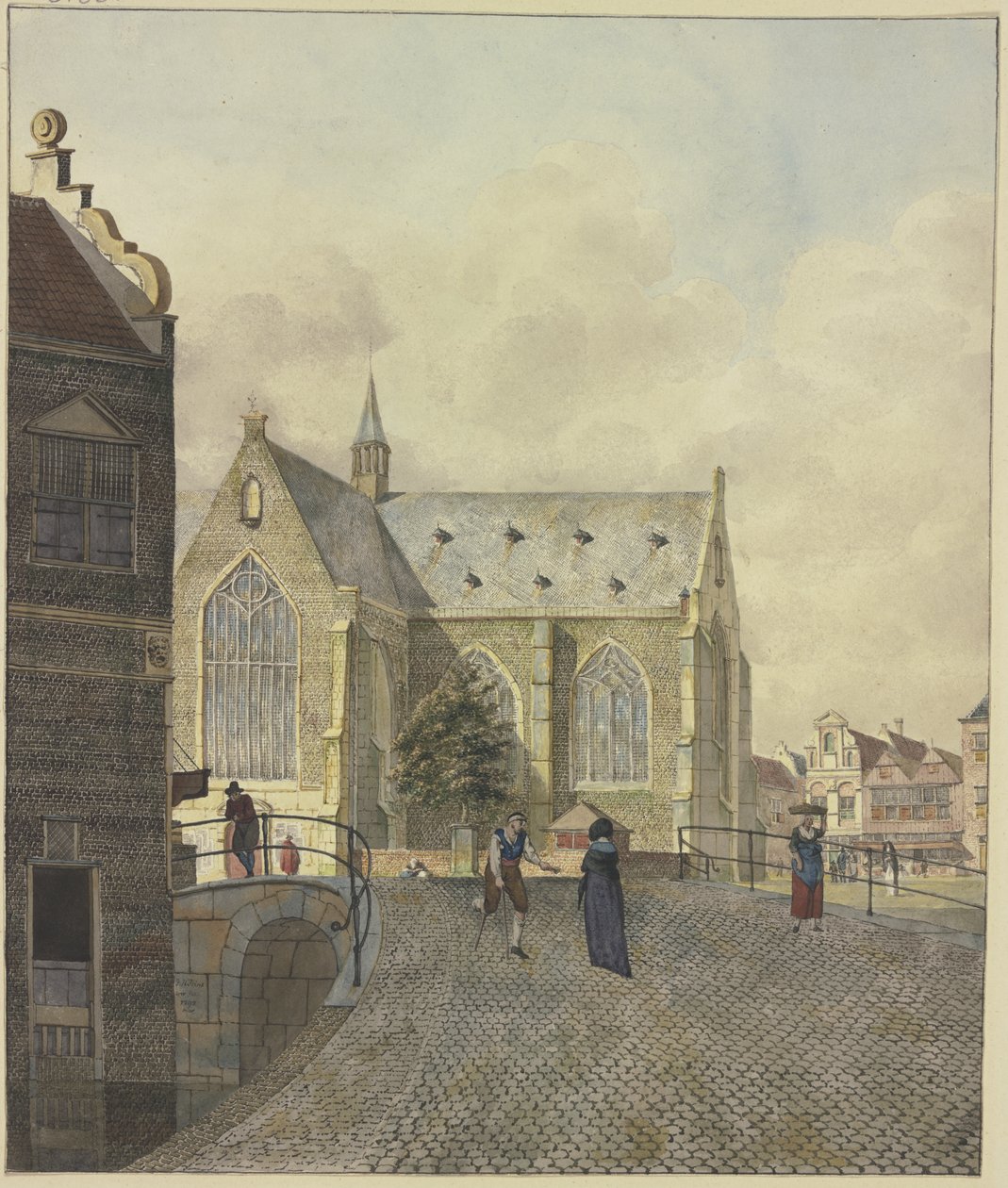 Igreja junto a uma ponte, um mendigo coxo com uma dama de Johannes Huibert Prins