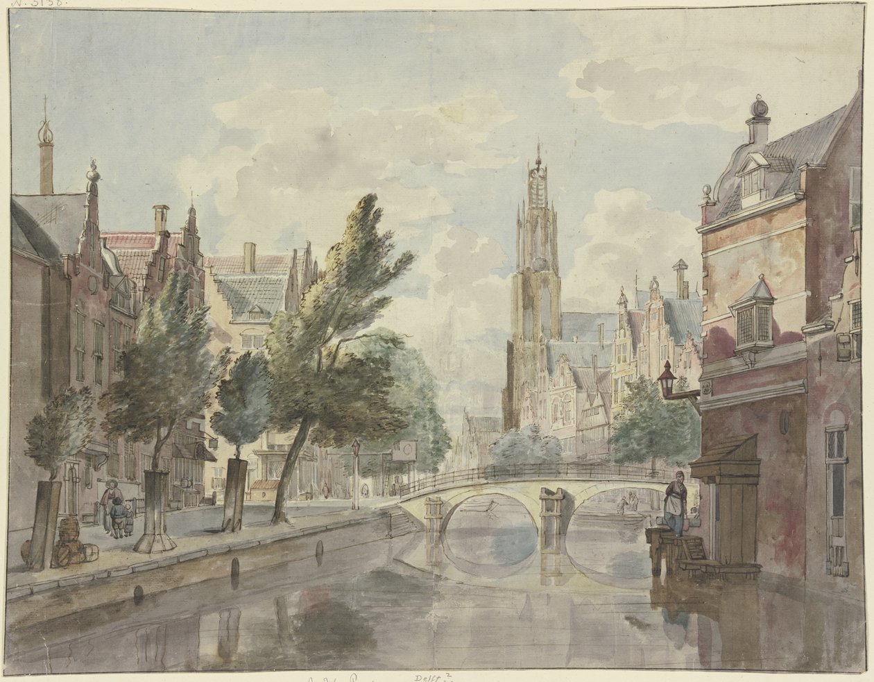 Ponte de pedra sobre um canal, com uma catedral ao fundo e um candeeiro à direita da casa de Johannes Huibert Prins