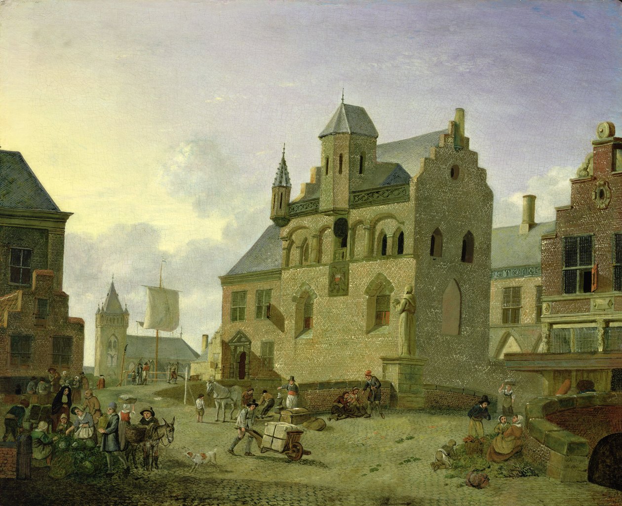 Praça da cidade com figuras e camponeses negociando em um mercado local (painel) de Johannes Huibert Prins