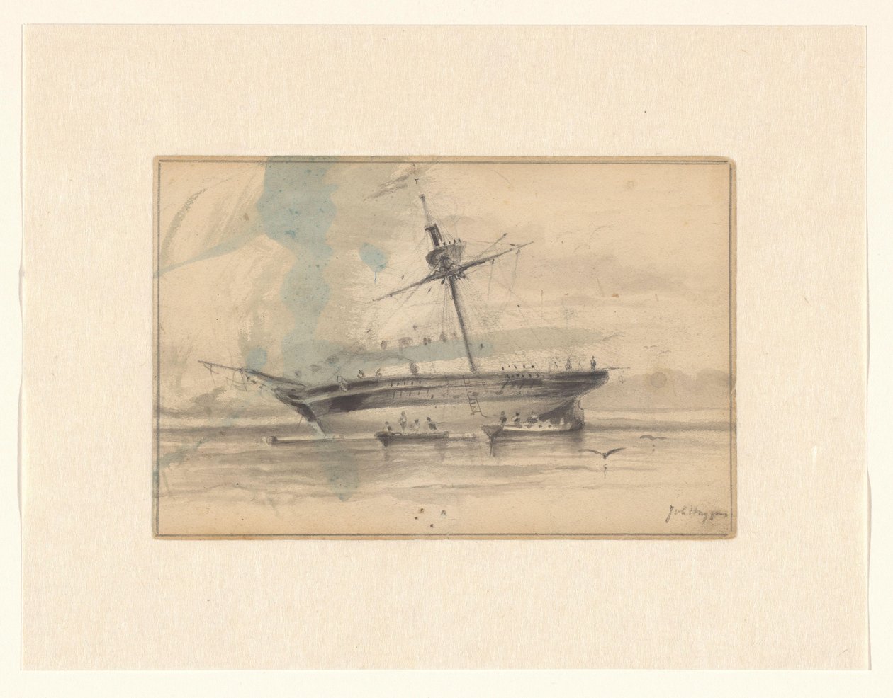 Veleiro com dois barcos a remos de Johannes Huygens (signed by artist)