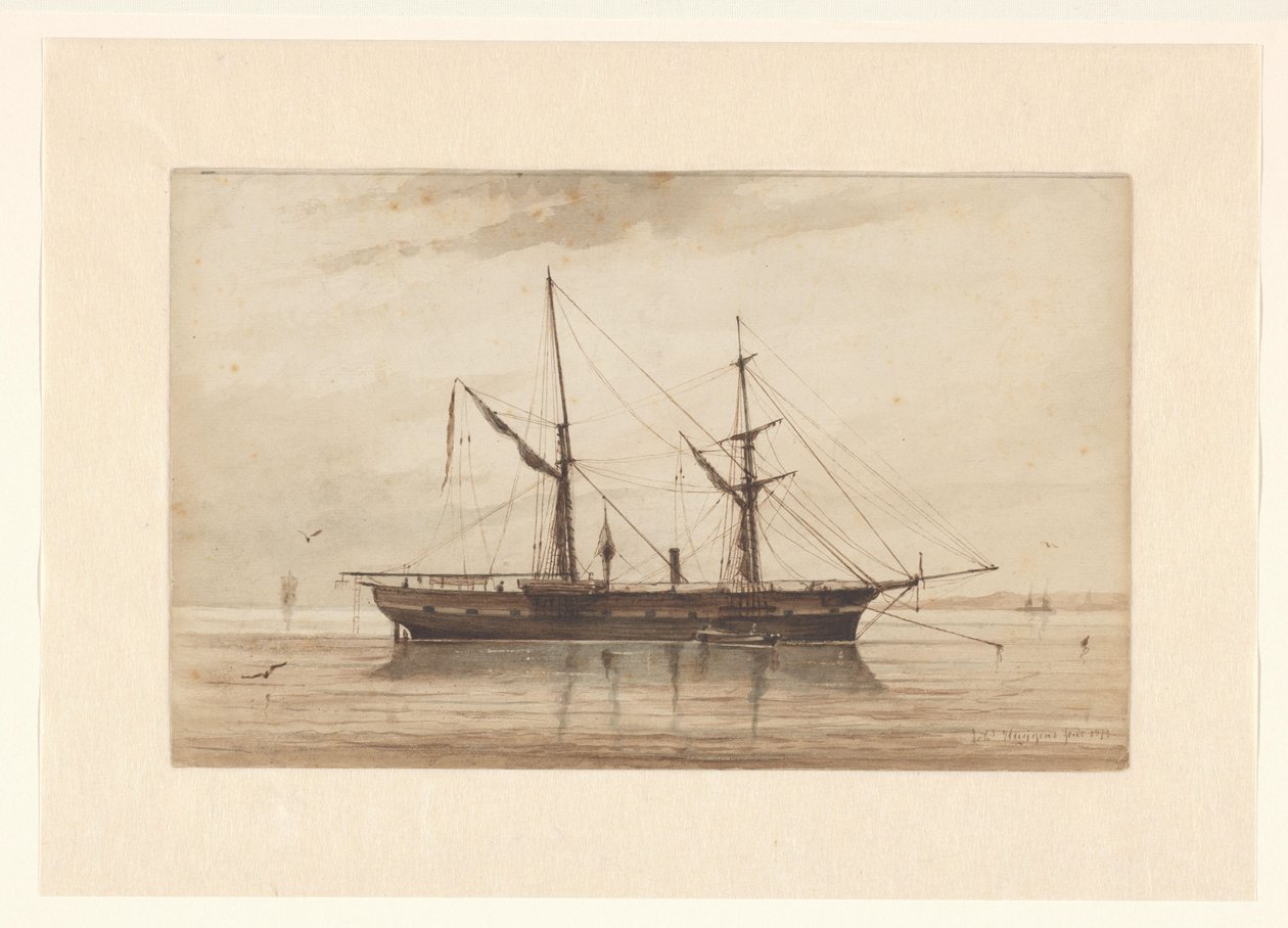 Veleiro fundeado em águas calmas de Johannes Huygens (signed by artist)