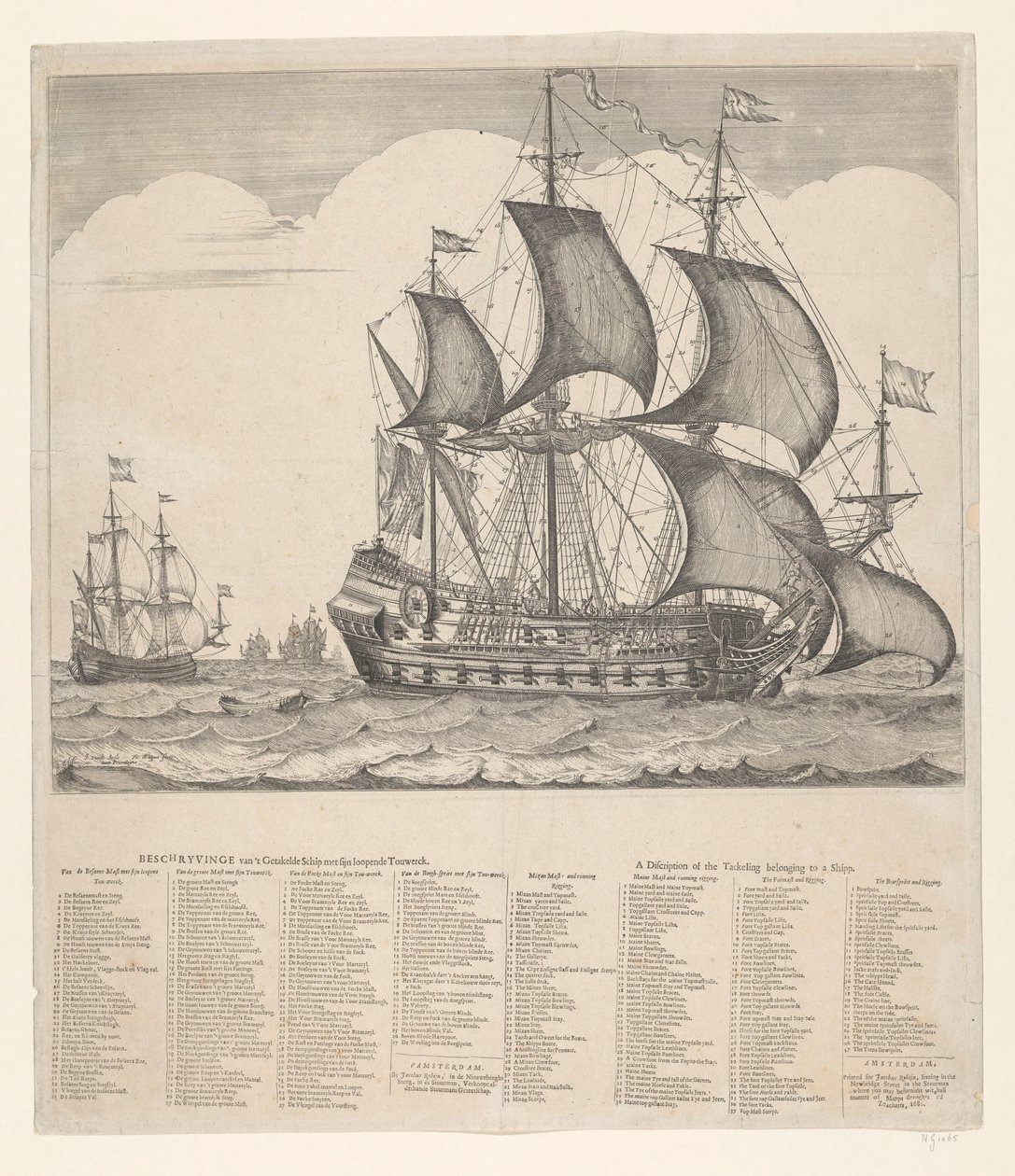 Descrição do navio rebocado com o seu convés de cordas em funcionamento de Johannes Jacobsz van den Aveele