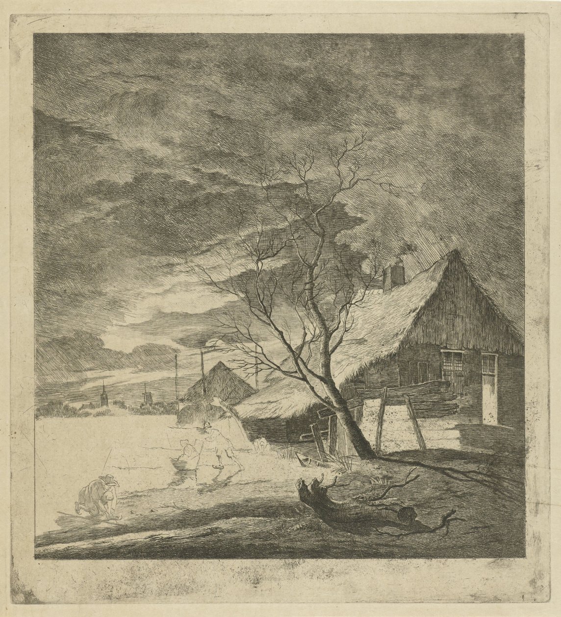 Paisagem nocturna com casa de campo e patinadores de Johannes Janson