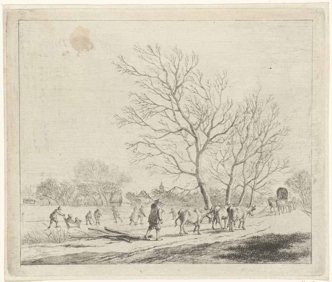 Paisagem de inverno com vacas e patinadores dezembro Os Doze Meses (título da série) Os desenhos coloridos dos 12 meses (...) (título da série) de Johannes Janson