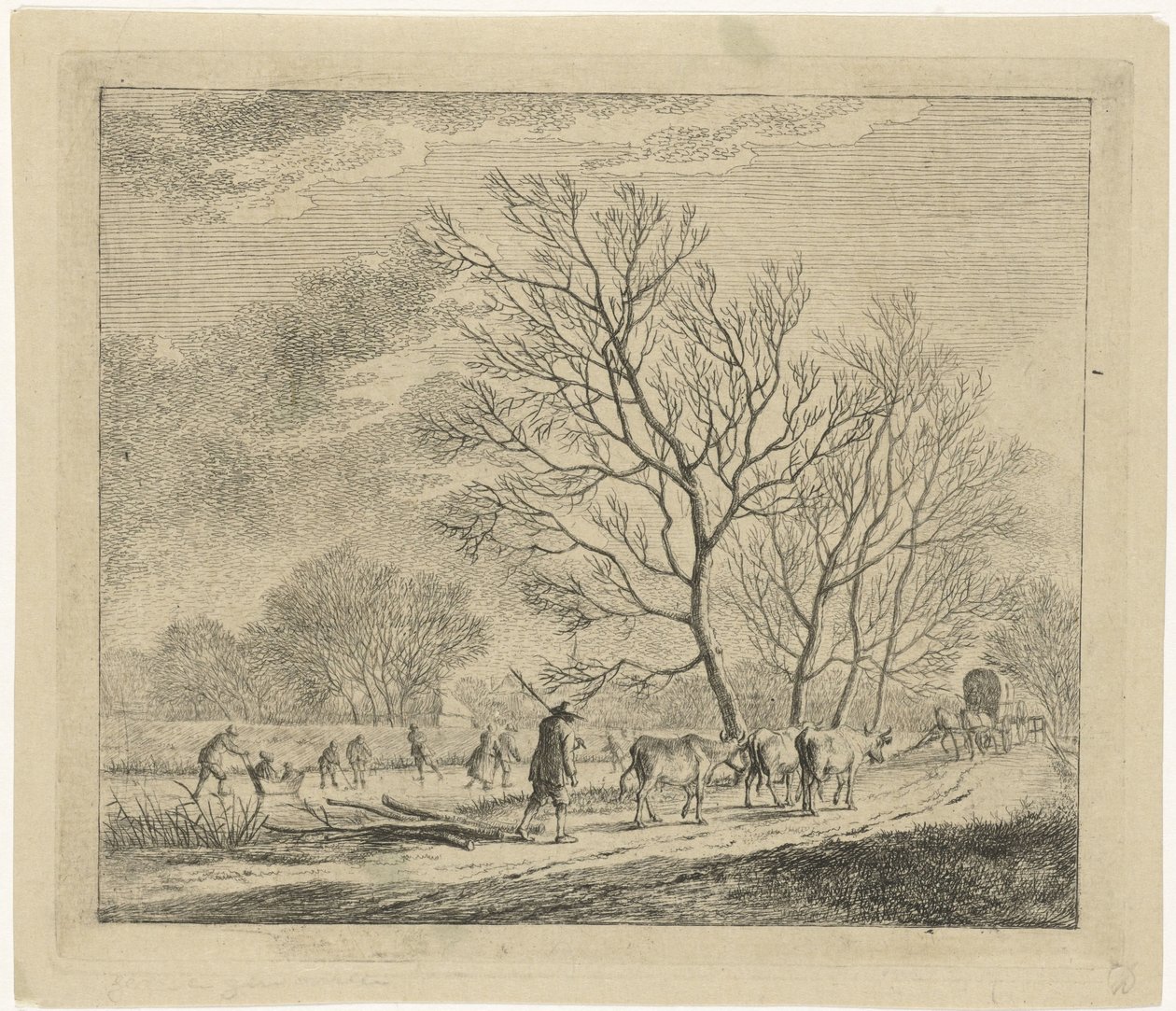 Paisagem de inverno com vacas e patinadores dezembro Os Doze Meses (título da série) Os desenhos coloridos dos 12 meses (...) (título da série) de Johannes Janson