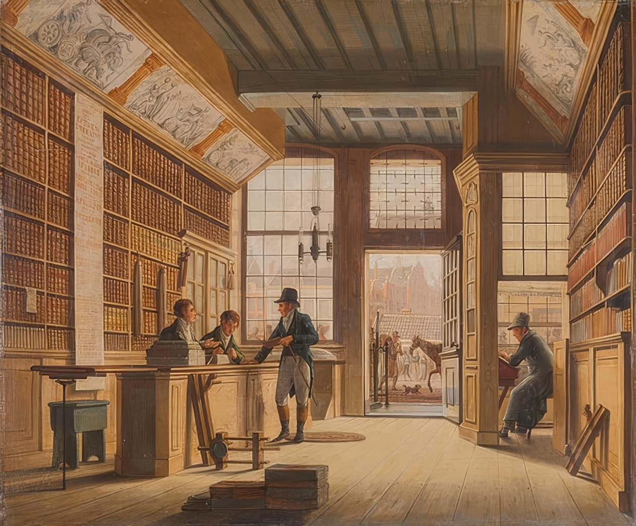 Der Laden des Buchhändlers Pieter Meijer Warnars am Vijgendam, em Amsterdã. 1820 de Johannes Jelgerhuis