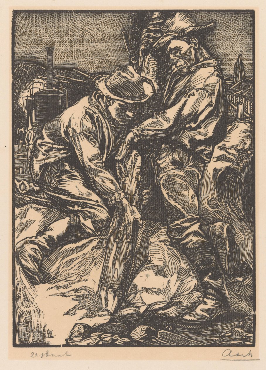 Trabalhadores da construção civil envolvidos em trabalhos de empilhamento de Johannes Josephus Aarts (signed by artist)