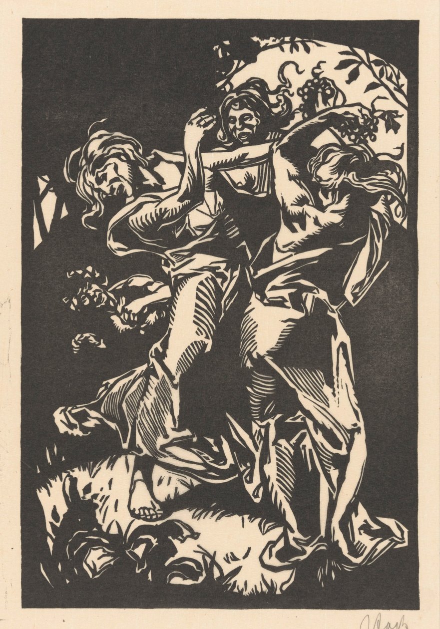 Mulheres dançando com cachos de uvas e sátiro de Johannes Josephus Aarts (signed by artist)