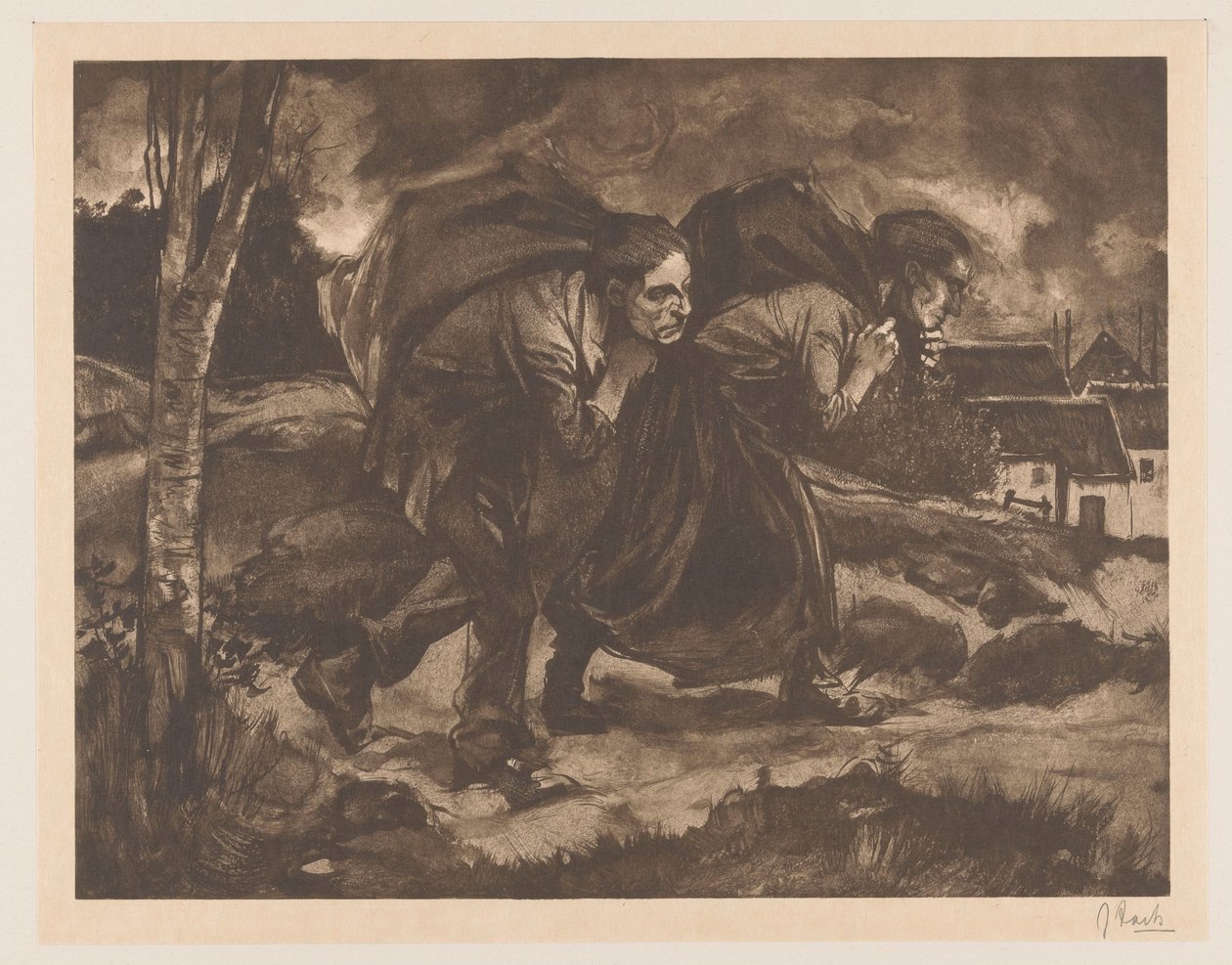 Homem e mulher com bolsa nas costas de Johannes Josephus Aarts (signed by artist)