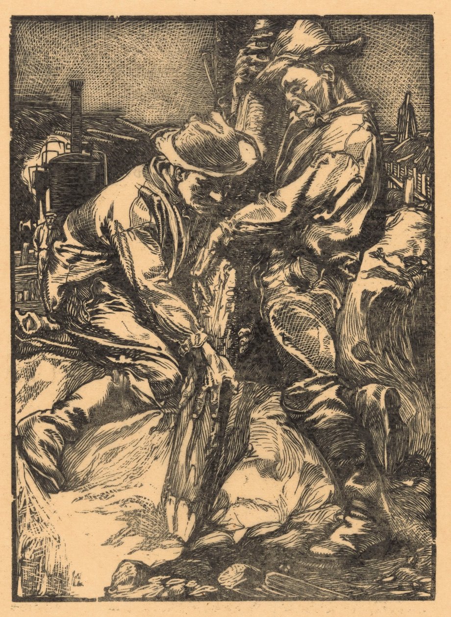 Trabalhadores da construção ocupados com cravação de estacas de Johannes Josephus Aarts