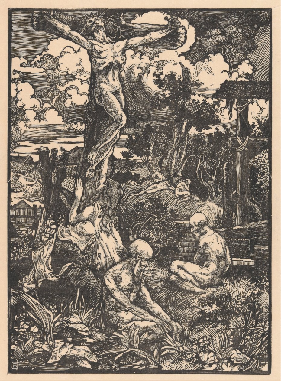 Homem crucificado na paisagem montanhosa de Johannes Josephus Aarts