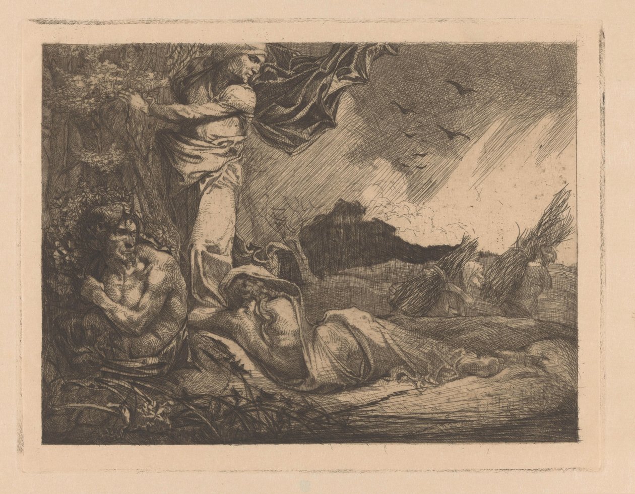Paisagem com campo de milho, ceifeiras, sátiros e figuras femininas de Johannes Josephus Aarts