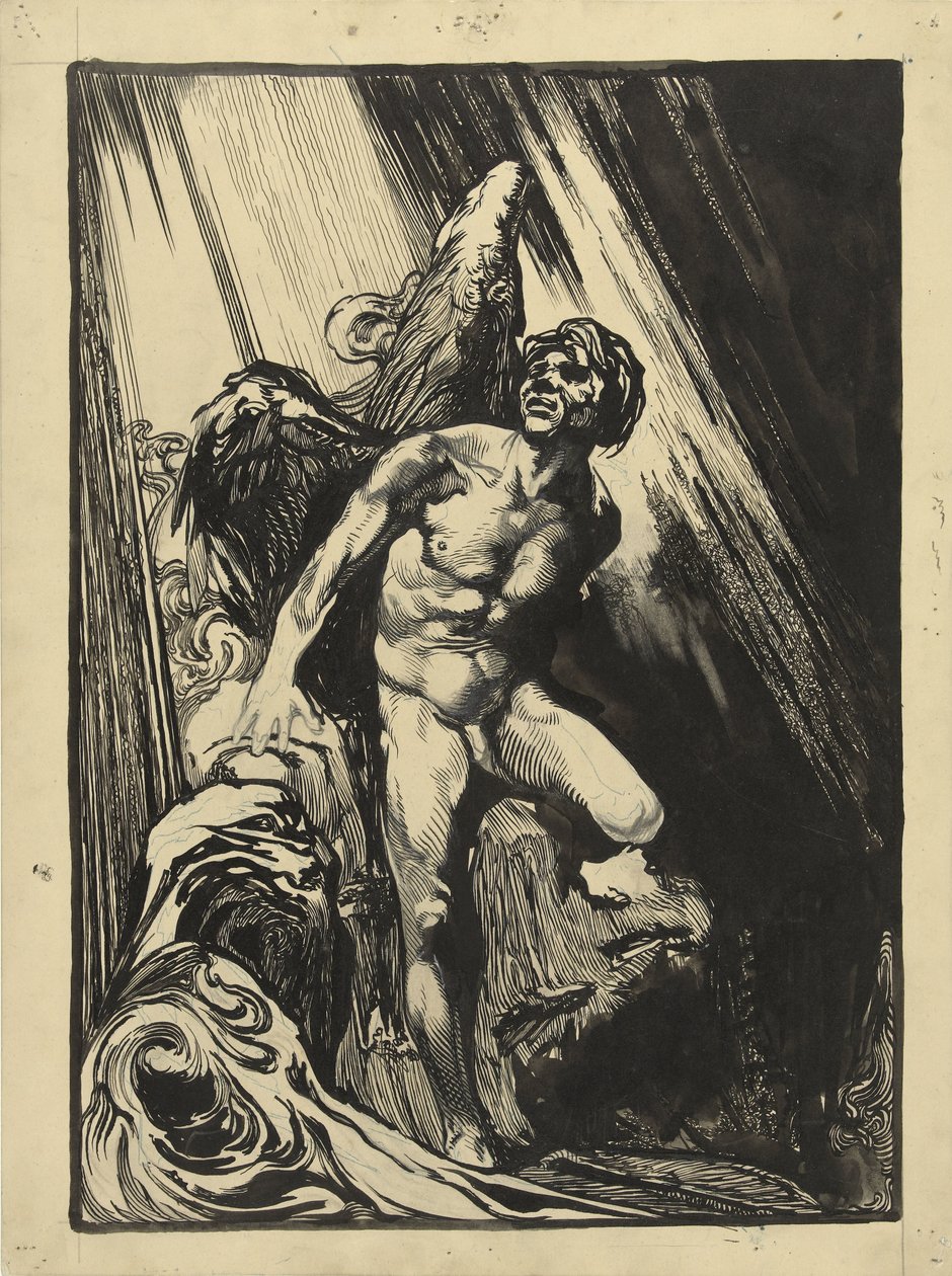 Lúcifer numa paisagem rochosa junto a um riacho, olhando para a luz de Johannes Josephus Aarts