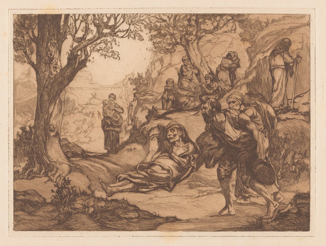 Homens, mulheres e crianças numa paisagem montanhosa de Johannes Josephus Aarts