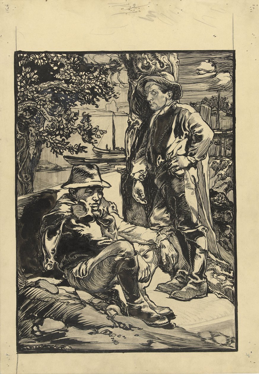 Dois trabalhadores diques, um sentado, o outro encostado a uma árvore de Johannes Josephus Aarts