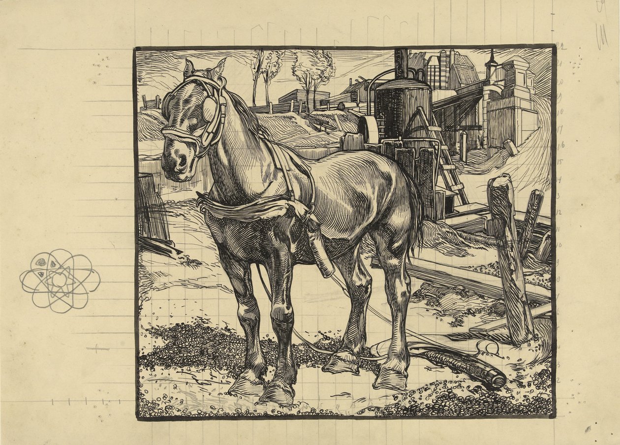 Cavalo de trabalho, descansando perto de um bate-estacas de Johannes Josephus Aarts