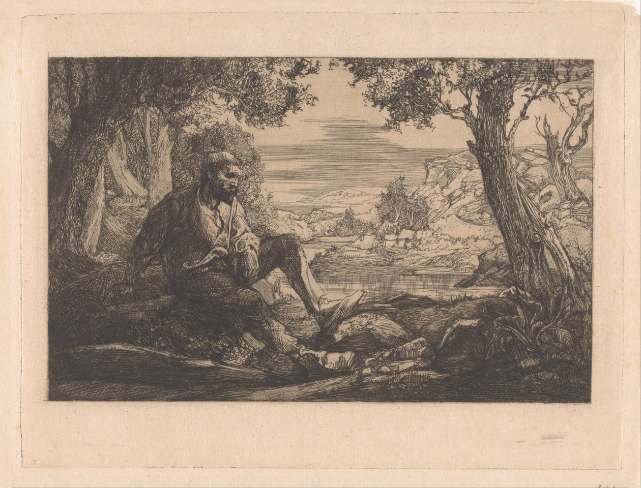 Homem sentado na paisagem montanhosa de Johannes Josephus Aarts
