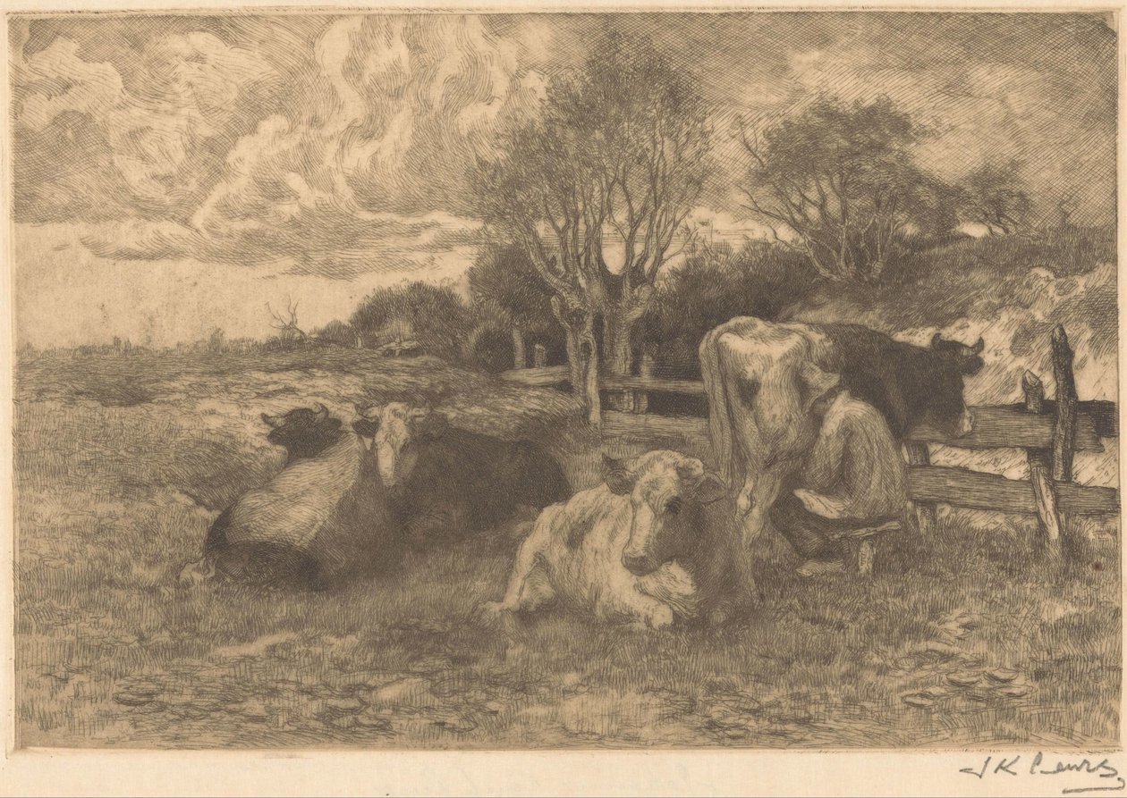 Paisagem com vacas de Johannes Karel Leurs (signed by artist)