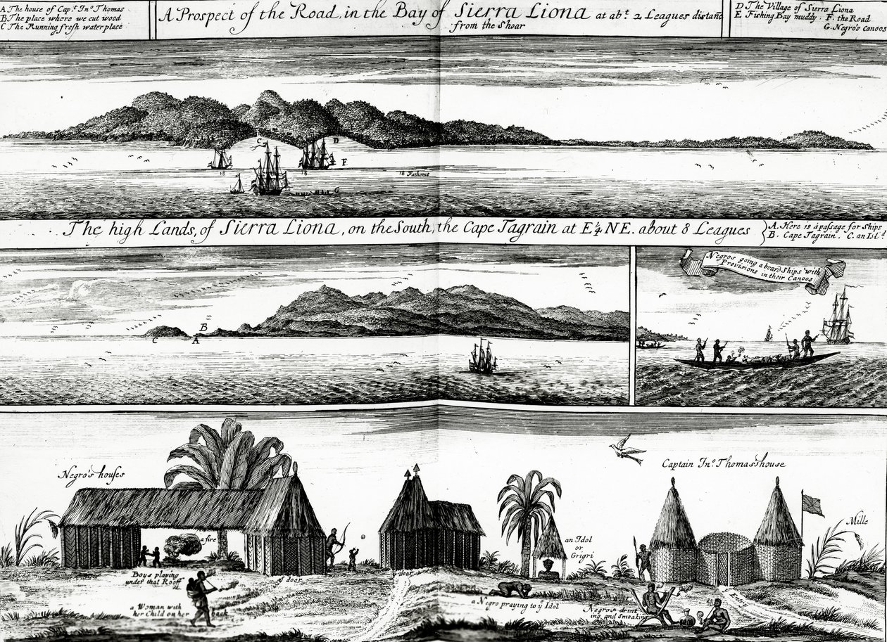 Uma perspectiva da estrada na Baía de Sierra Liona, uma ilustração de vol.5 de &39;A coleção de viagens e viagens&39; de Awnsham e John Churchill, publicada em 1732 de Johannes Kip