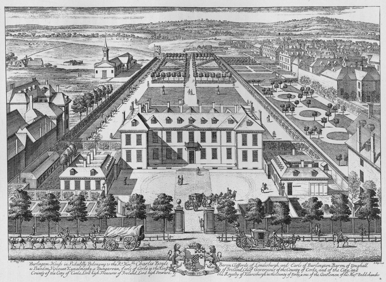 Uma vista aérea da Burlington House, Piccadilly, Westminster, c1707 1911 de Johannes Kip
