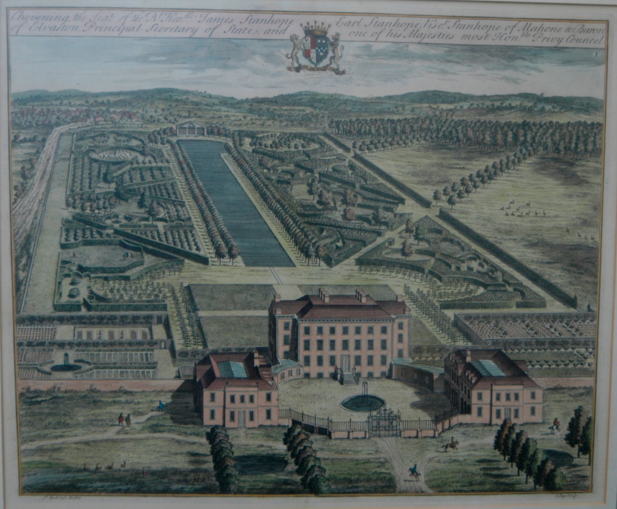 Gravura de Chevening por Johannes Kip (d.1722) depois de Thomas Badeslade (d.1742), publicada (em History of Kent) em 1719 por John Harris de Johannes Kip
