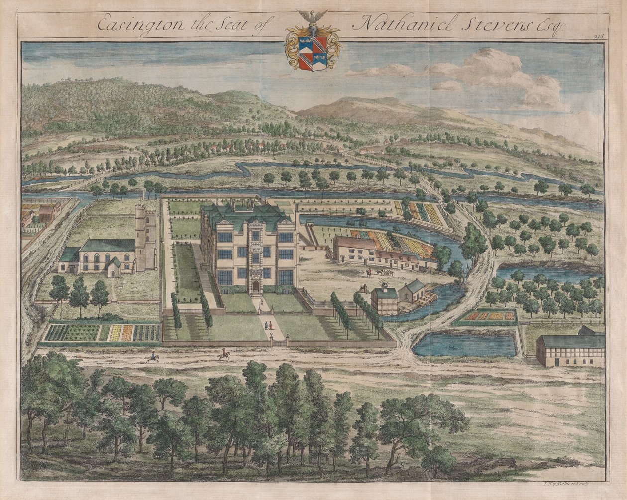 Easington, The Seat of Nathaniel Stevens, [1712] reeditado em 1768. de Johannes Kip