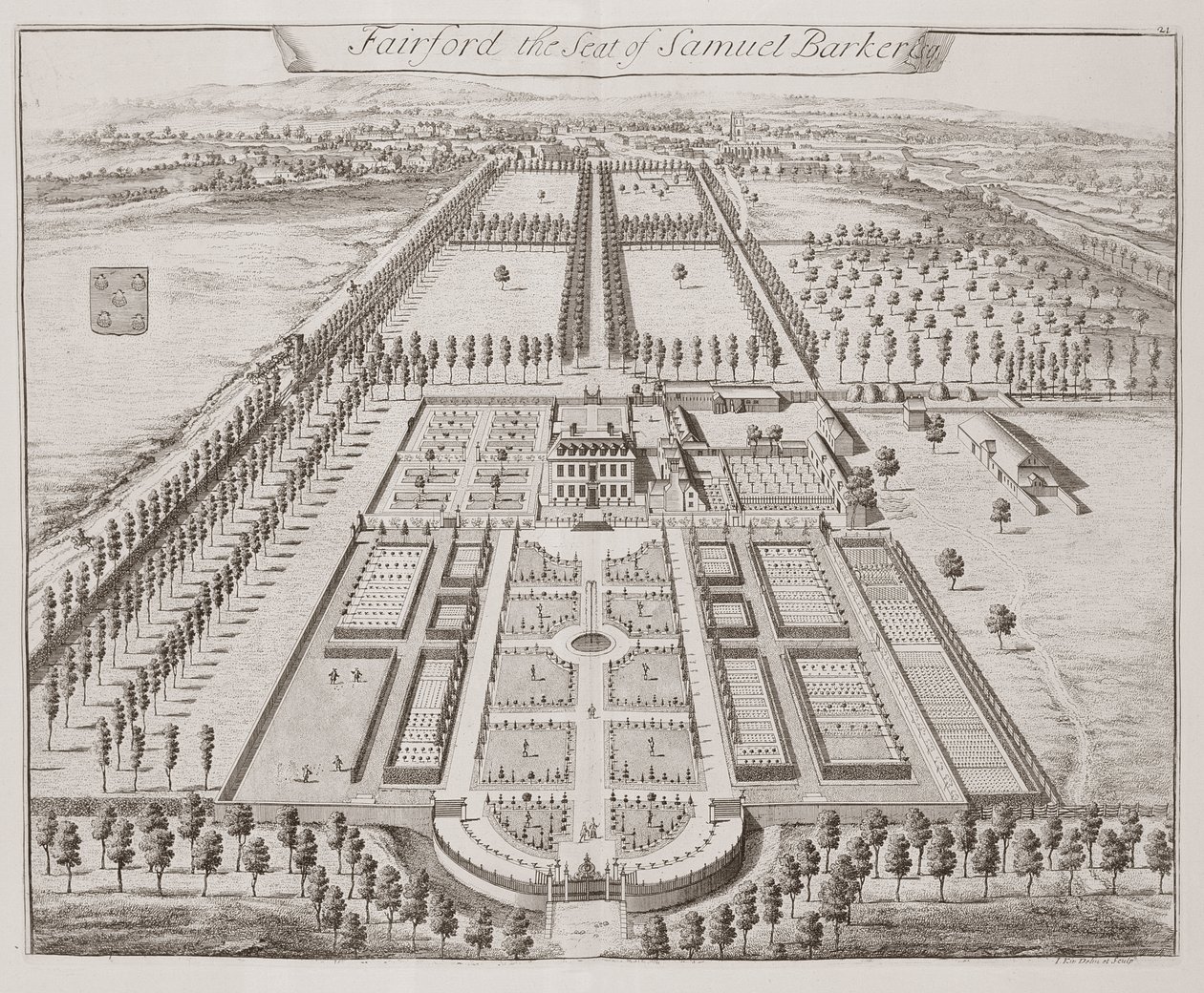 Fairford House, a sede de Samuel Barker, de "Trinta e Seis Diferentes Visões dos Nobres e Senhores de Assentos, no Condado de Kent", de Thomas Badeslade (1718-50), publicado em c.1750 de Johannes Kip