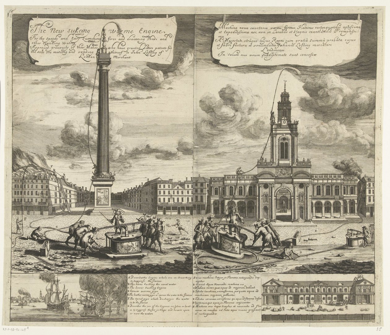 Gebruik van de slangbrandspuiten em Londen, ca. 1690-1700
O novo motor de bombeamento para o rápido e fácil apagamento de incêndios e drenagem de lagos e outras águas paradas (...) (título sobre o objecto)
Machina nova exuctoria vermi: formis Flammis res de Johannes Kip