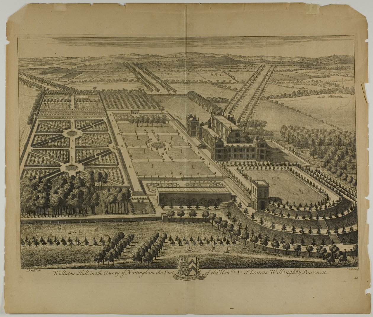 Wollaton Hall no Condado de Nottingham, placa 68 da Britannia Illustrata de Johannes Kip