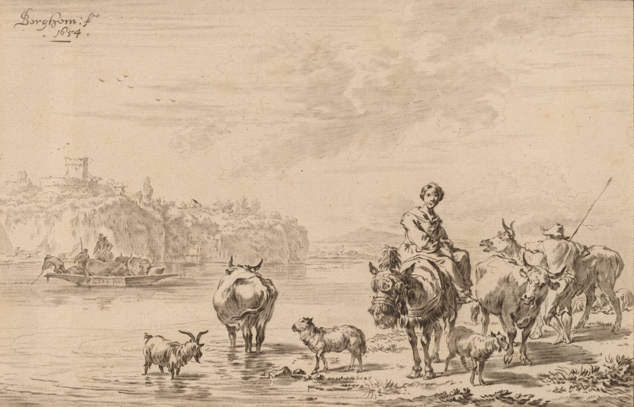 Mulher sentada numa Mula, 1769. de Johannes Kornlein