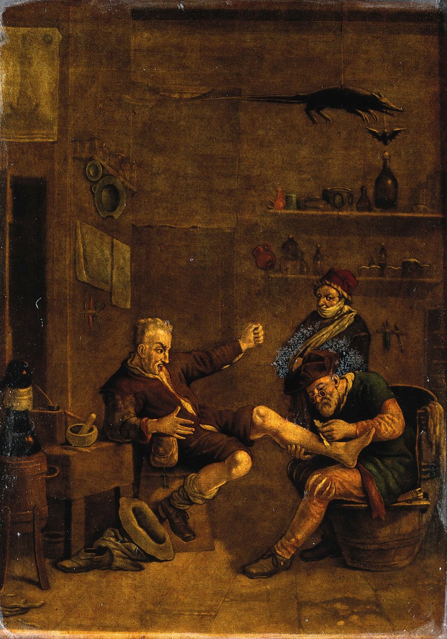 Um cirurgião a tratar o pé de um homem. Mezzotinta baseada numa composição atribuída a Johannes Lingelbach. de Johannes Lingelbach
